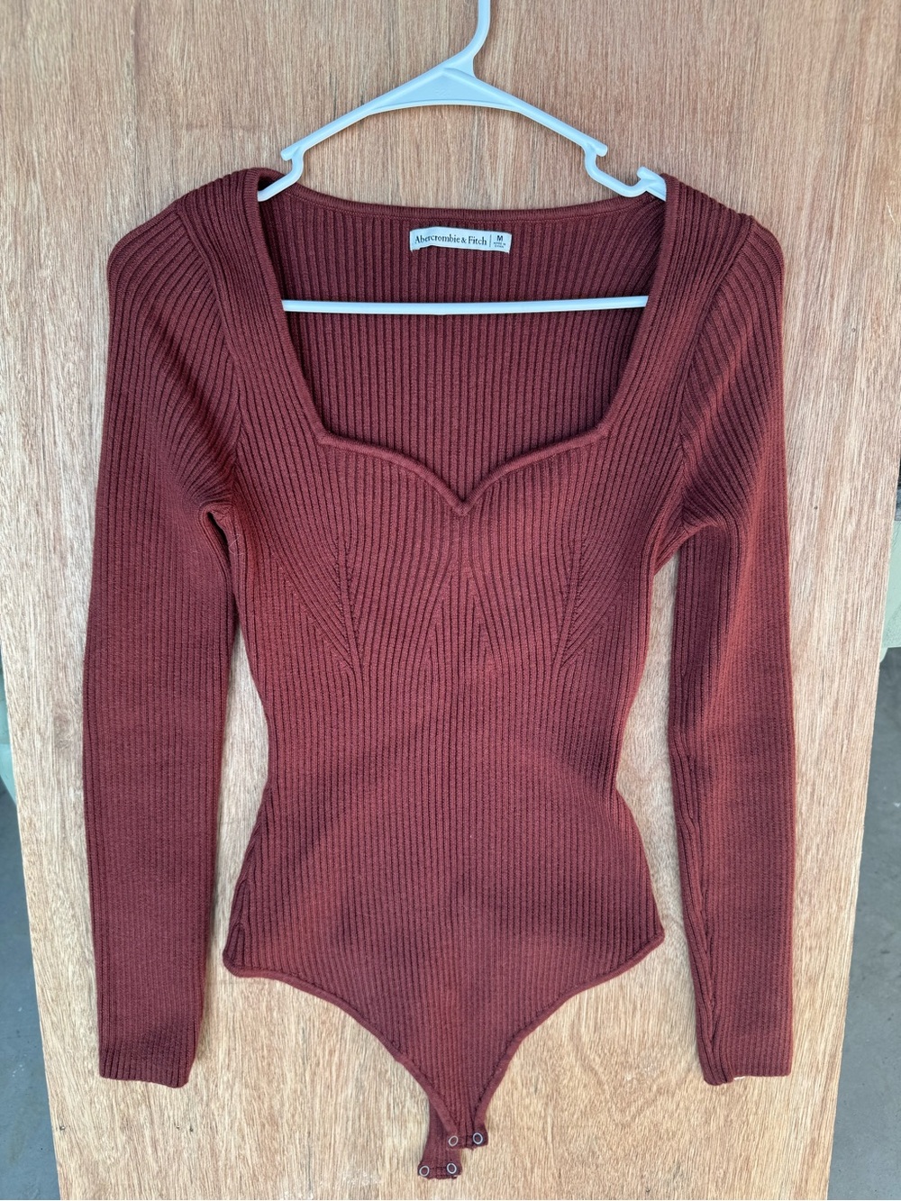 Abercrombie & Fitch Ribbed Sweater Square-Neck Long Sleeve Bodysuit in Deep Rust